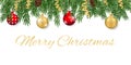 Merry Christmas. Greeting card with tree branches, christmas toys and pine cones on white background. Text in gold color. Vector Royalty Free Stock Photo