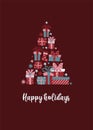 Merry Christmas greeting card with triangle pine tree made of gift boxes on dark red background.