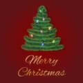 Merry Christmas greeting card vector with coniferous branches in shape of a tree decorated with colorful lights on red background Royalty Free Stock Photo