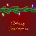Merry Christmas greeting card vector with coniferous tree branch on red background decorated with colorful lights Royalty Free Stock Photo