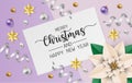 Merry christmas greeting card with white poinsettia flowers,white and purple balls and gold star on puple background. Vector Royalty Free Stock Photo