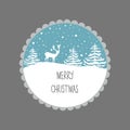 Merry Christmas Greeting Card. White Reindeer Fir Trees Snow Flakes on Blue Background. Decorative Frame Circle. Gray Backdrop