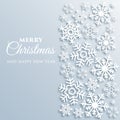 Merry Christmas greeting card with white snowflakes. Paper style Xmas vector background template. Elegant poster, flyer