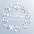 Merry Christmas greeting card with white snowflakes. Paper style Xmas vector background template. Elegant poster, flyer
