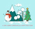 Merry Christmas greeting card winter landscape. Happy New year wishes. Poster in flat line modern style.