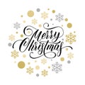 Merry Christmas greeting card wish calligraphy, golden snowflake and gold glittering star pattern on premium white background. Vec