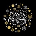 Merry Christmas greeting card of wish calligraphy text, golden decoration ball, gold glittering snowflake confetti and star patter