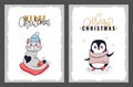 Merry Christmas Greeting Cards, Penguin and Cat Royalty Free Stock Photo