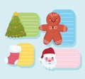 Merry christmas, greeting cards with santa ginger cookie sock and tree