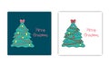 Merry Christmas greeting cards set. Decorated doodle Xmas tree and text. Vector illustration of fir tree with bow, garlands and