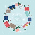 Merry Christmas greeting cards. Wreath of colorful gifts on snow