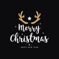 Merry christmas greeting gold deer antlers black background