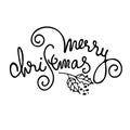 Merry Christmas greeting hand lettering. Holiday monochrome logo. Greeting card template. Isolated on white background