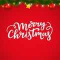 Merry Christmas greeting lettering. Festive winter background with decorative garland.