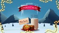 Merry Christmas, greeting postcard with cookies with a glass of milk for Santa Claus and winter landscape with snowy mountains. Royalty Free Stock Photo