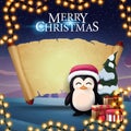 Merry Christmas, greeting postcard with penguin in Santa Claus hat with presents, old parchment for your text and beautiful winter Royalty Free Stock Photo