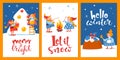Set of three Cartoon Christmas hygge cards with funny gnomes and lettering. Royalty Free Stock Photo