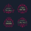 Merry christmas greeting scripts with xmas holiday line icons. Vector set