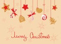 Merry Christmas greeting with sweats: lollipops, ginger cookie, candy cane