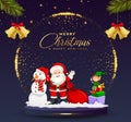 Merry christmas greeting template with santa claus, snowman and reindeer vector characters Royalty Free Stock Photo