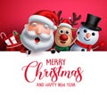 Merry christmas greeting template with santa claus, snowman and reindeer vector characters Royalty Free Stock Photo