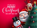 Merry christmas greeting text and christmas characters like santa claus, reindeer and snowman Royalty Free Stock Photo