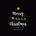 Merry christmas greeting text gold santa sleigh black background