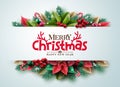 Merry christmas greeting text vector background. Christmas typography in empty space with xmas garland ornament Royalty Free Stock Photo