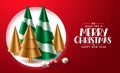 Merry christmas greeting text vector design. Christmas elements like xmas tree, gold cone and balls elements