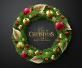 Merry christmas greeting text vector design. Christmas wreath and garland with elegant elements