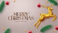 Merry christmas greeting text vector design. Christmas and happy new year greeting card with gold deer Royalty Free Stock Photo
