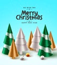 Merry christmas greeting text vector design. Christmas tree and gold cone elements with falling snowflakes