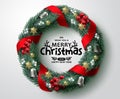 Merry christmas greeting text vector design. Christmas wreath and garland xmas ornament elements Royalty Free Stock Photo