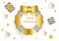 Merry Christmas greeting text in white background. Using gold fir tree with ribbon bow, gift box, star and silver ball Royalty Free Stock Photo