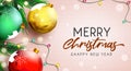 Merry christmas greeting vector background design. Merry christmas text with balls, leaves and lights xmas decoration elements. Royalty Free Stock Photo