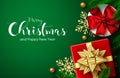 Merry christmas greeting vector background. Merry christmas text in space with xmas gifts present and snowflakes element for holid