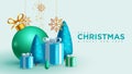 Merry christmas greeting vector design. Christmas greeting text with gift box