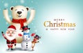 Merry christmas greeting vector design. Merry christmas text with santa claus, bear, snowman and reindeer waving characters. Royalty Free Stock Photo