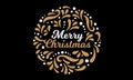 Merry Christmas greeting. Xmas vector emblem, vignette. The inscription in round frame with golden pattern and ornament. Retro