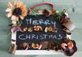 Merry Christmas greetings on blackboard with Christmas flowers