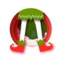 Merry Christmas Greetings Card with Elf. Cute gnome costume. Christmas tree. Happy New Year in papercraft style. Red