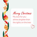 Merry Christmas greetings. Card with pine branch, Christmas tree toys, candies. Text of wishes. New Year decoration. Royalty Free Stock Photo