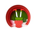 Merry Christmas Greetings Card with Santa Elf Stuck in Chimney. Happy New Year in papercraft style. Red. Winter holidays