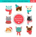 Merry Christmas greetings with cute cats characters, vector collectionn Royalty Free Stock Photo