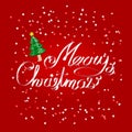 Merry Christmas greetings white ribbon lettering over festive red background with christmas tree Royalty Free Stock Photo