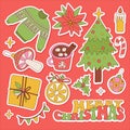 Merry Christmas groovy retro 70s sticker set of cute elements. Hippie holiday collection clip art in linear hand drawn Royalty Free Stock Photo