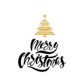 Merry Christmas. Hand drawn calligraphy text. Holiday typography design with christmas tree. Black and gold christmas card. Royalty Free Stock Photo