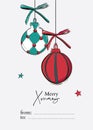 Merry Christmas hand drawn card with New Year bauble balls and stars, bows in green red traditional color. Vector sketch Royalty Free Stock Photo