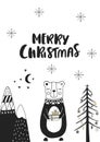 Merry Christmas - Hand drawn Christmas card in scandinavian style with monochrome bear and lettering.
