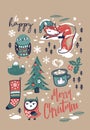 Merry Christmas hand drawn elements in cartoon style. Vector illustration